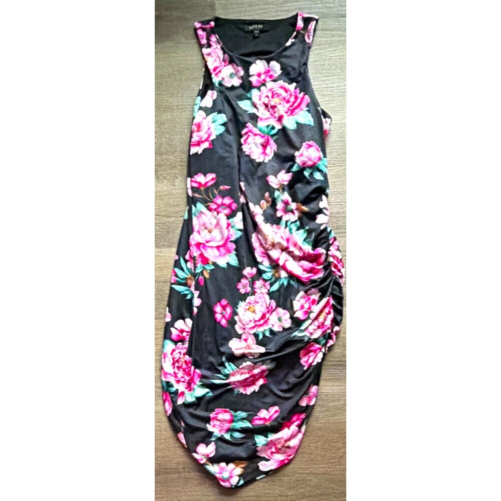 Women’s GUESS Black Pink Green Floral Round Neck Sleeveless Ruched Dress Size M